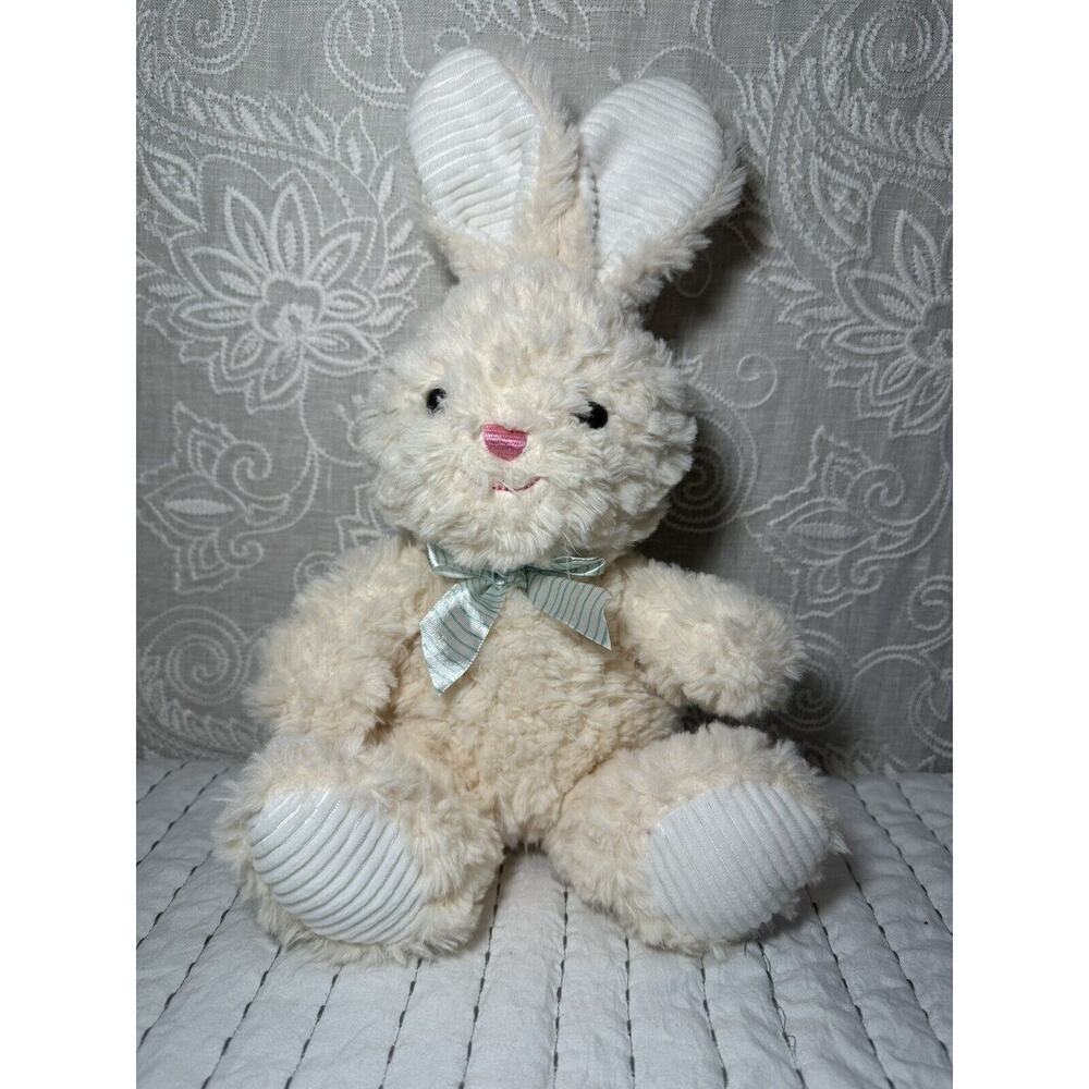 Walgreens Bunny Plush Ribbed Ears Striped Bow Stuffed Hug Me Cream 13” Rabbit